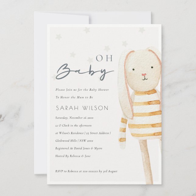 Ivory Yellow Bunny Soft Toy Oh Baby Shower Invite (Front)