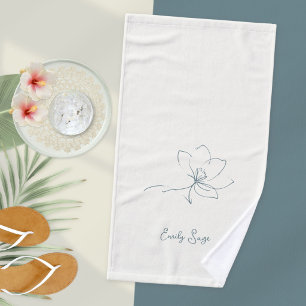 Ivory Zen Yoga Floral Line Art Coastal Blue Hand Towel