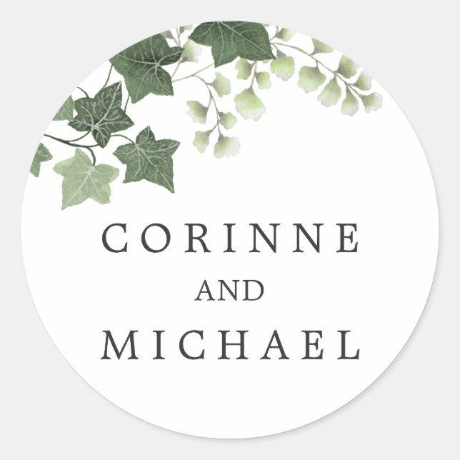 Ivy and Fern Elegant Organic Wedding or Engagement Classic Round Sticker (Front)