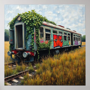 Ivy and Graffiti Covered Abandoned Train Poster