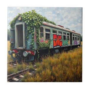 Ivy and Graffiti Covered Abandoned Train Tile