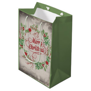 Ivy and Red Berries Wreath with Merry Christmas Medium Gift Bag