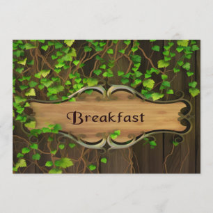 Ivy Covered Fence & Carved Wood Plaque Breakfast Invitation