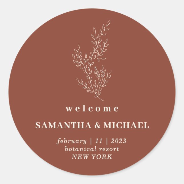 Ivy Floral Terracotta Indie Welcome Wedding Classic Round Sticker (Front)