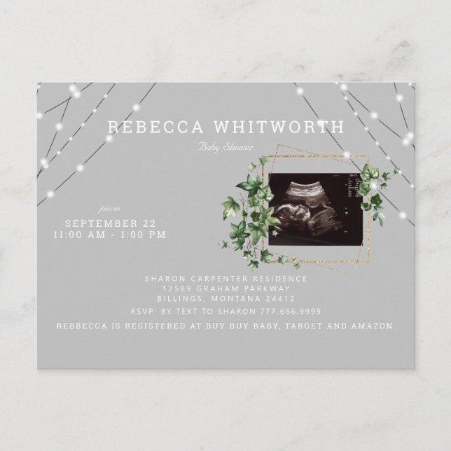 Ivy & Lights Ultrasound Photo Grey Baby Shower Invitation Postcard (Front)