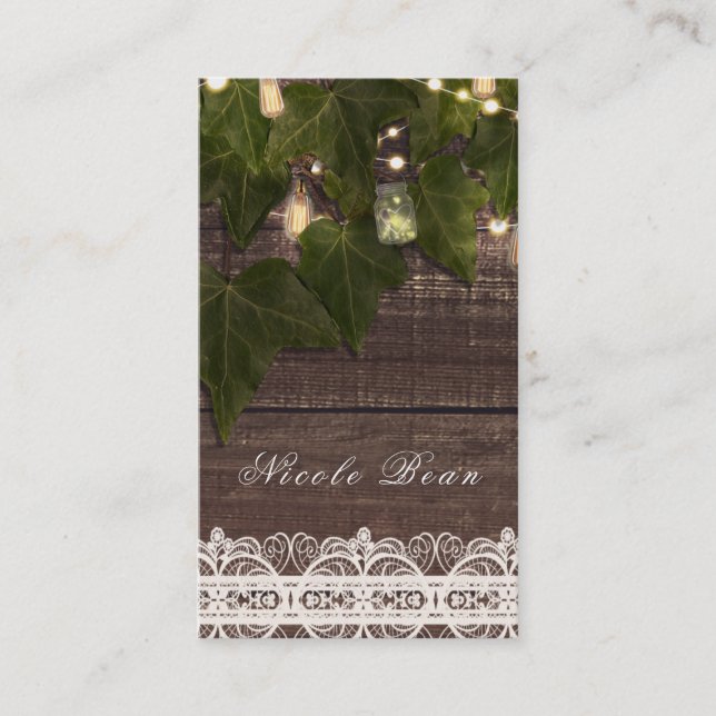 Ivy & String Lights Mason Jar Rustic Elegant Chic Business Card (Front)