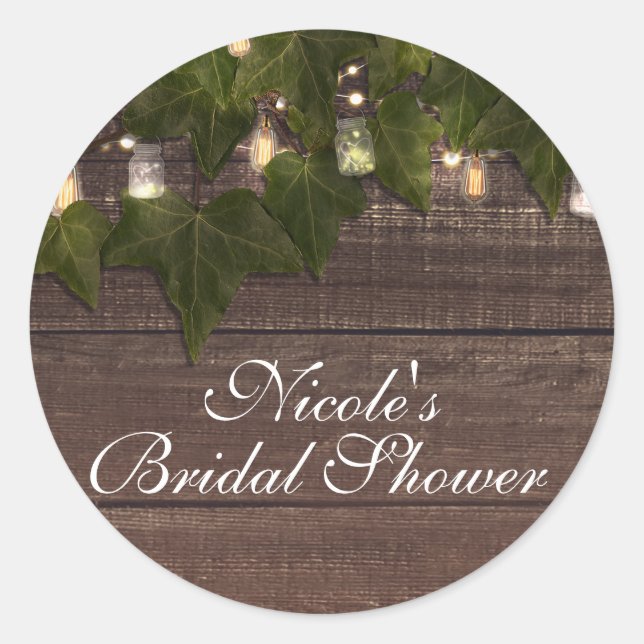 Ivy & String Lights Mason Jar Rustic Party Favour Classic Round Sticker (Front)