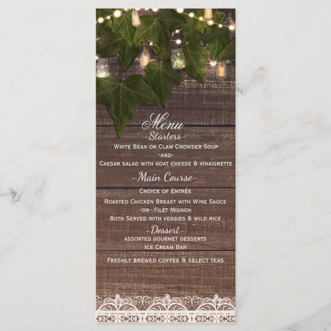 Ivy & String Lights Mason Jar Rustic Party Menu (Front)