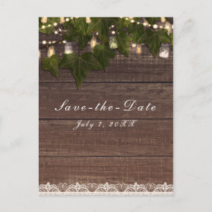 Ivy & String Lights Mason Jar Rustic Save the Date Announcement Postcard