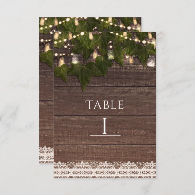 Ivy & String Lights Mason Jar Rustic Table Number (Front/Back)
