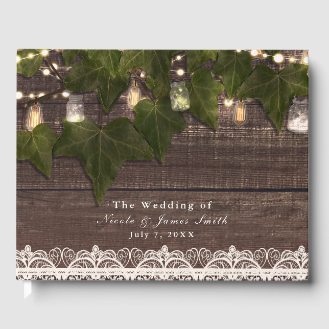 Ivy & String Lights Mason Jar Rustic Wedding Guest Book (Front)