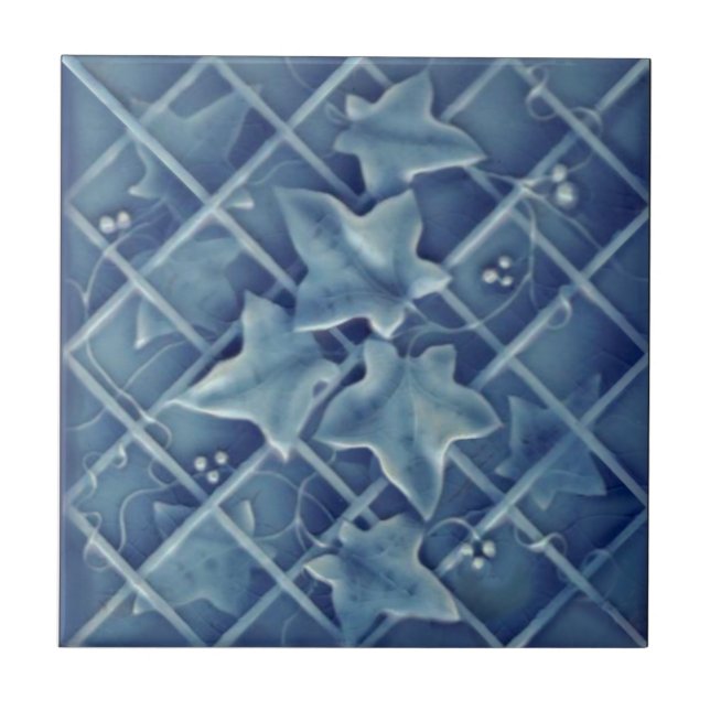 Ivy Trellis Blue Majolica Faux Relief Reproduction Tile (Front)