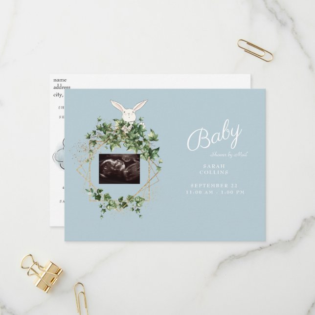 Ivy Ultrasound Photo Boy Baby Shower by Mail Bunny Invitation Postcard (Front/Back In Situ)