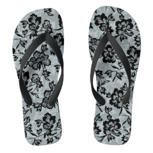 Iwalani Vintage Hawaiian Floral - Black Flip Flops