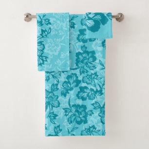 Iwalani Vintage Hawaiian Floral Coordinates-Teal Bath Towel Set