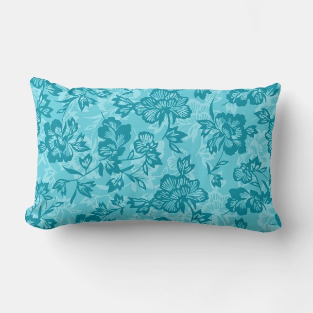 Iwalani Vintage Hawaiian Teal Floral Lumbar Cushion (Front)