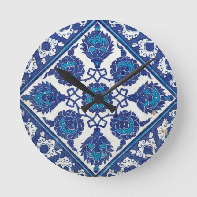 Iznik Floral Ethnic Tribal Turkish Mosaic Pottery Round Clock (Front)