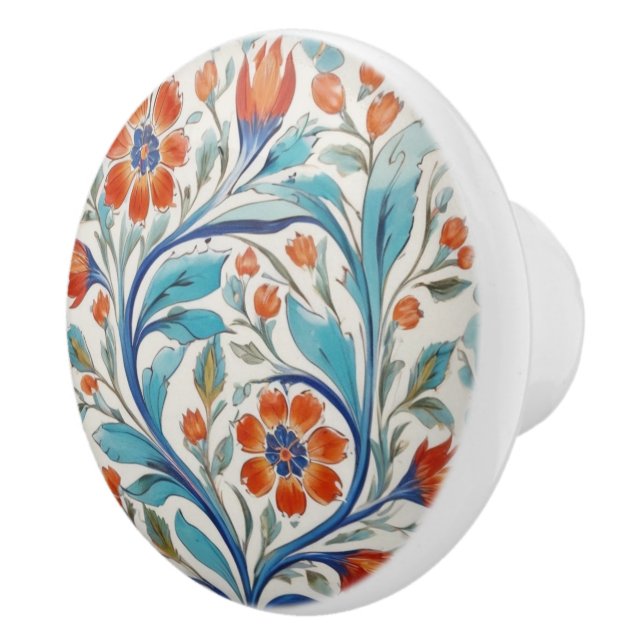Iznik Turkish Floral Green Blue Orange Red Flowers Ceramic Knob (Right)