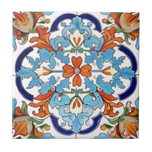 Iznik Turkish Floral Orange Red Blue Flower Tile
