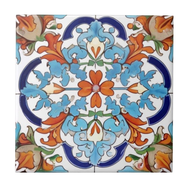 Iznik Turkish Floral Orange Red Blue Flower Tile (Front)