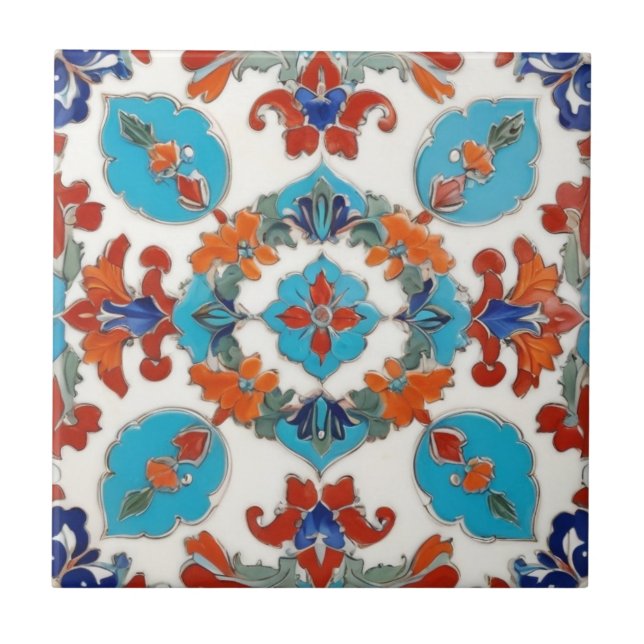 Iznik Turkish Floral Vintage Red Blue Symmetrical Tile (Front)