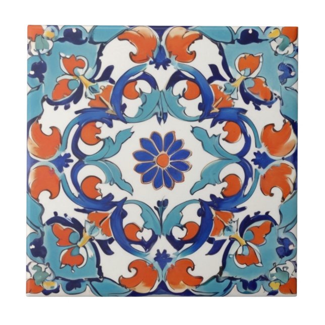 Iznik Turkish Floral Vintage Turquoise Blue Flower Tile (Front)
