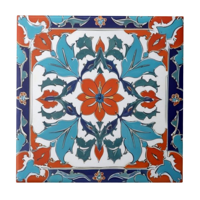 Iznik Turkish Flower Orange Red Blue White Floral Tile (Front)