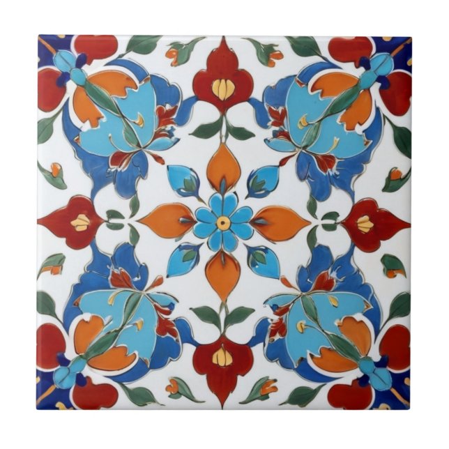 Iznik Turkish Flower Red Orange Blue White Floral Tile (Front)
