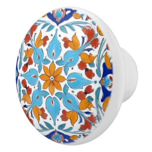 Iznik Turkish Orange Red Turquoise Blue Floral Ceramic Knob