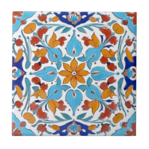 Iznik Turkish Orange Red Turquoise Blue Floral Tile