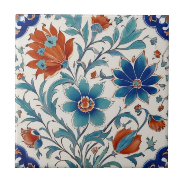 Iznik Turkish Ottoman Floral Blue & Red Flowers Tile (Front)