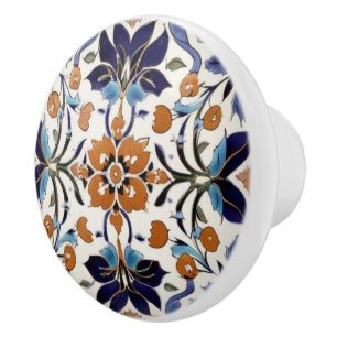 Iznik Turkish Vintage Orange Blue Black Floral Ceramic Knob