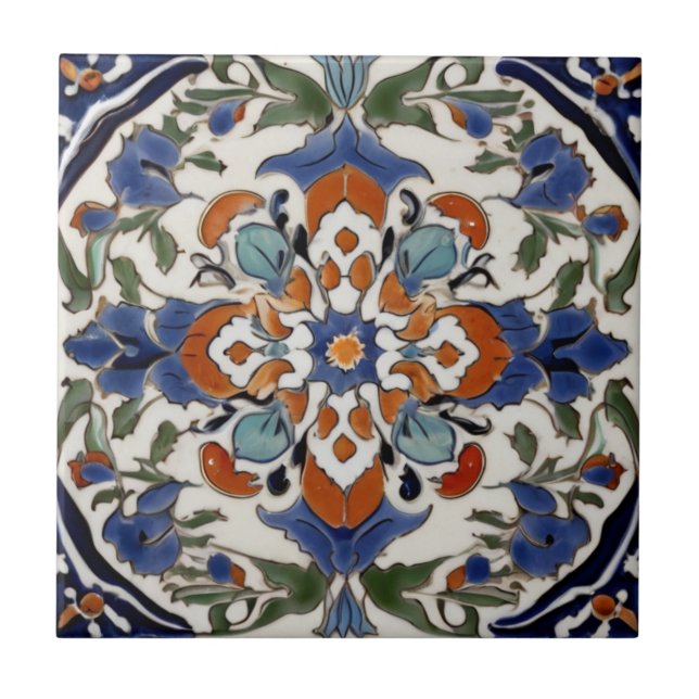Iznik Turkish Vintage Orange Blue Green Abstract Tile (Front)