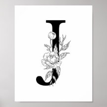 J botanical monogram. Letter initial with peonies