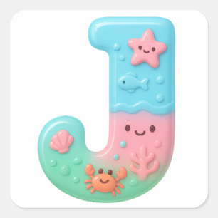 "J" Cute Letter - Underwater Sea Creature Square Sticker
