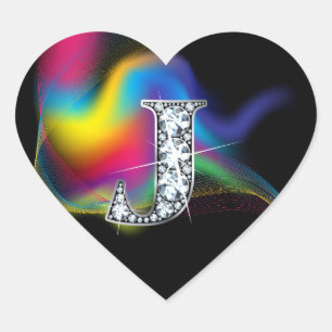 "J" Diamond Bling on Rainbow Swirl Heart Sticker