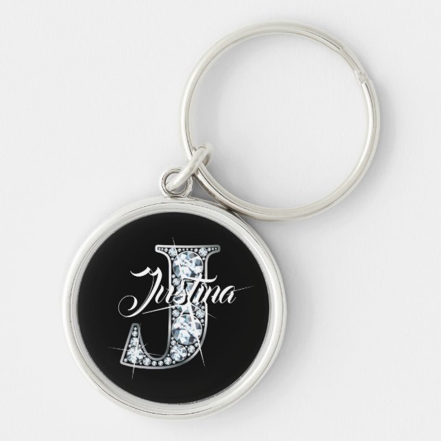 J Faux Diamond Bling Monogram Key Ring (Front)