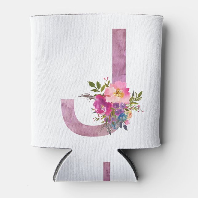 J, Floral Monogram initial , watercolor flower Can Cooler (Front)