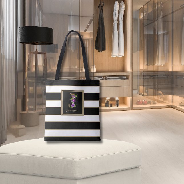 J Gold Floral Monogram | Black White Gold Stripes  Tote Bag (Creator Uploaded)