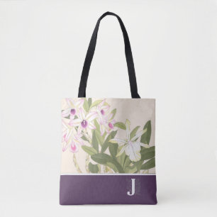 "J" Japanese Wood Block Print Orchid Tote Bag