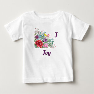 J Joy Personalise Letter Name, Rose Flowers Baby T-Shirt