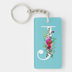 J Letter Initial Monogram Floral Custom Colour Key Ring