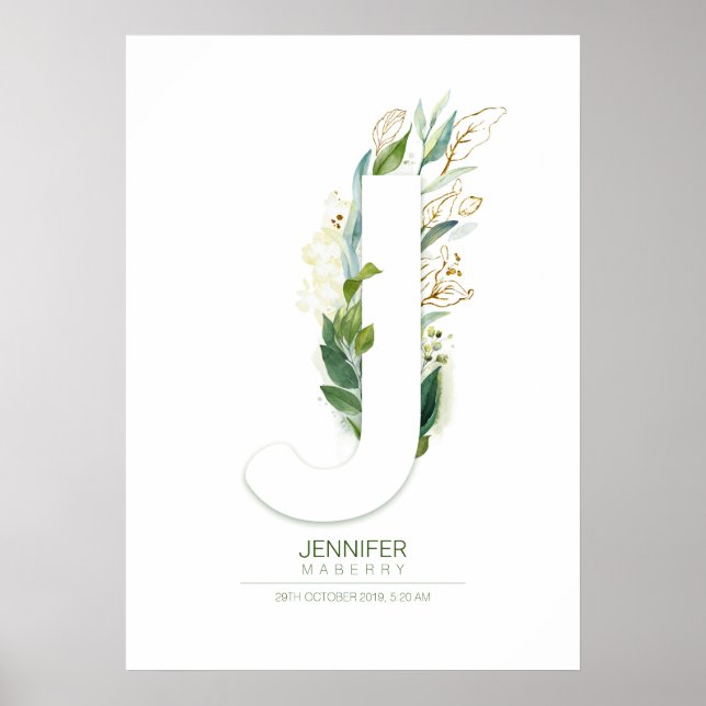 J Letter Monogram Gold Greenery Foliage Chic Poster (Front)