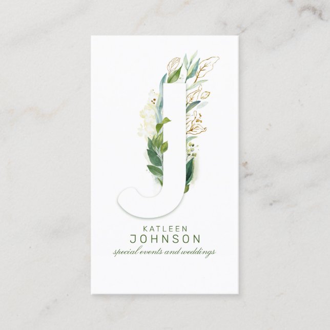 J Letter Monogram Gold Greenery Leaves Elegant Business Card (Front)