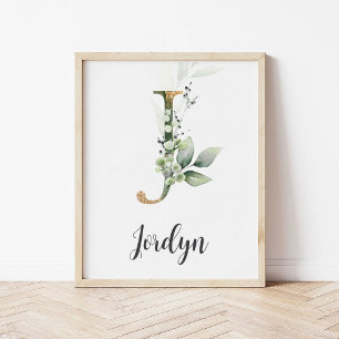 J Letter Monogram Greenery Nursery Name Wall Print