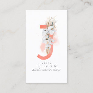 J Letter Monogram White Orchids and Pampas Grass Business Card