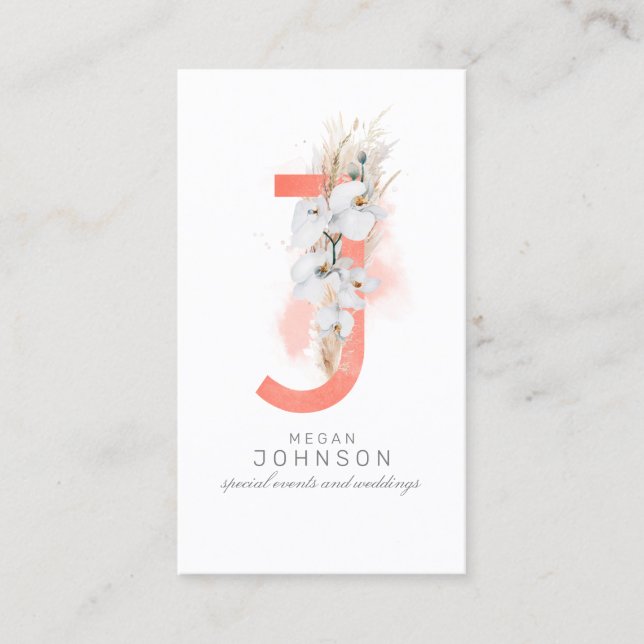 J Letter Monogram White Orchids and Pampas Grass Business Card (Front)