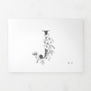 'J' Monogram Beautiful Sketched Floral Wedding Tri-Fold Invitation