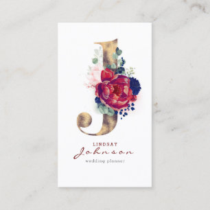 J Monogram Burgundy Gold and Navy Blue Floral Business Card
