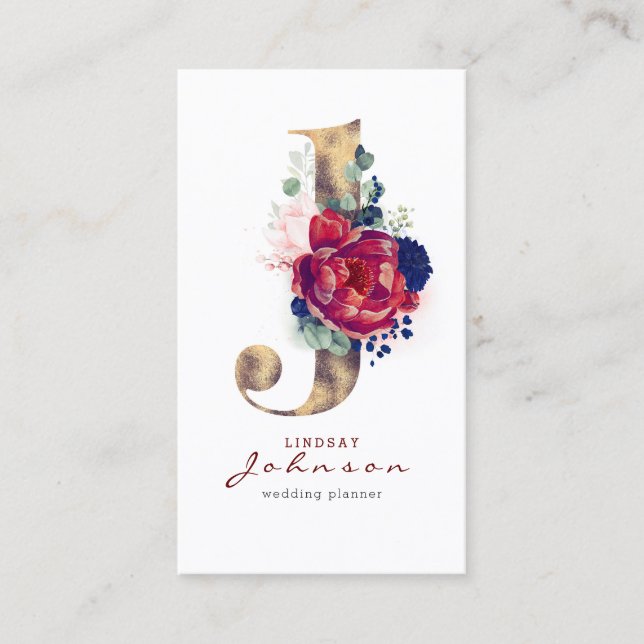 J Monogram Burgundy Gold and Navy Blue Floral Business Card (Front)